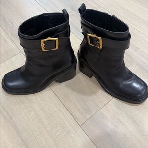 Vince Camuto Black Leather Ankle Boots with Brass Buckle